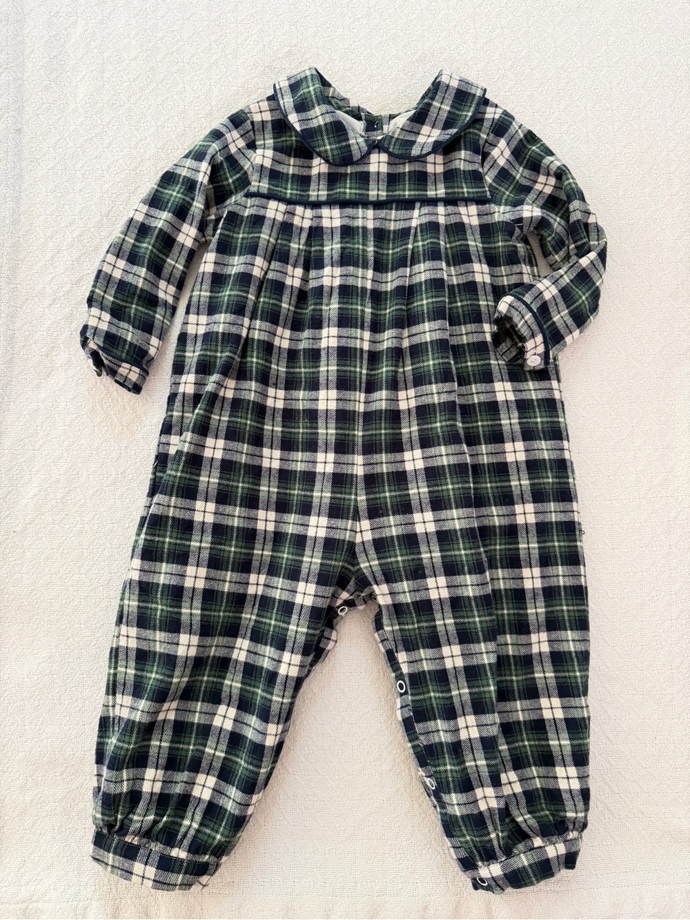 Cecil and Lou Green Blue White Plaid Long Sleeve Romper with Peter Pan Collar